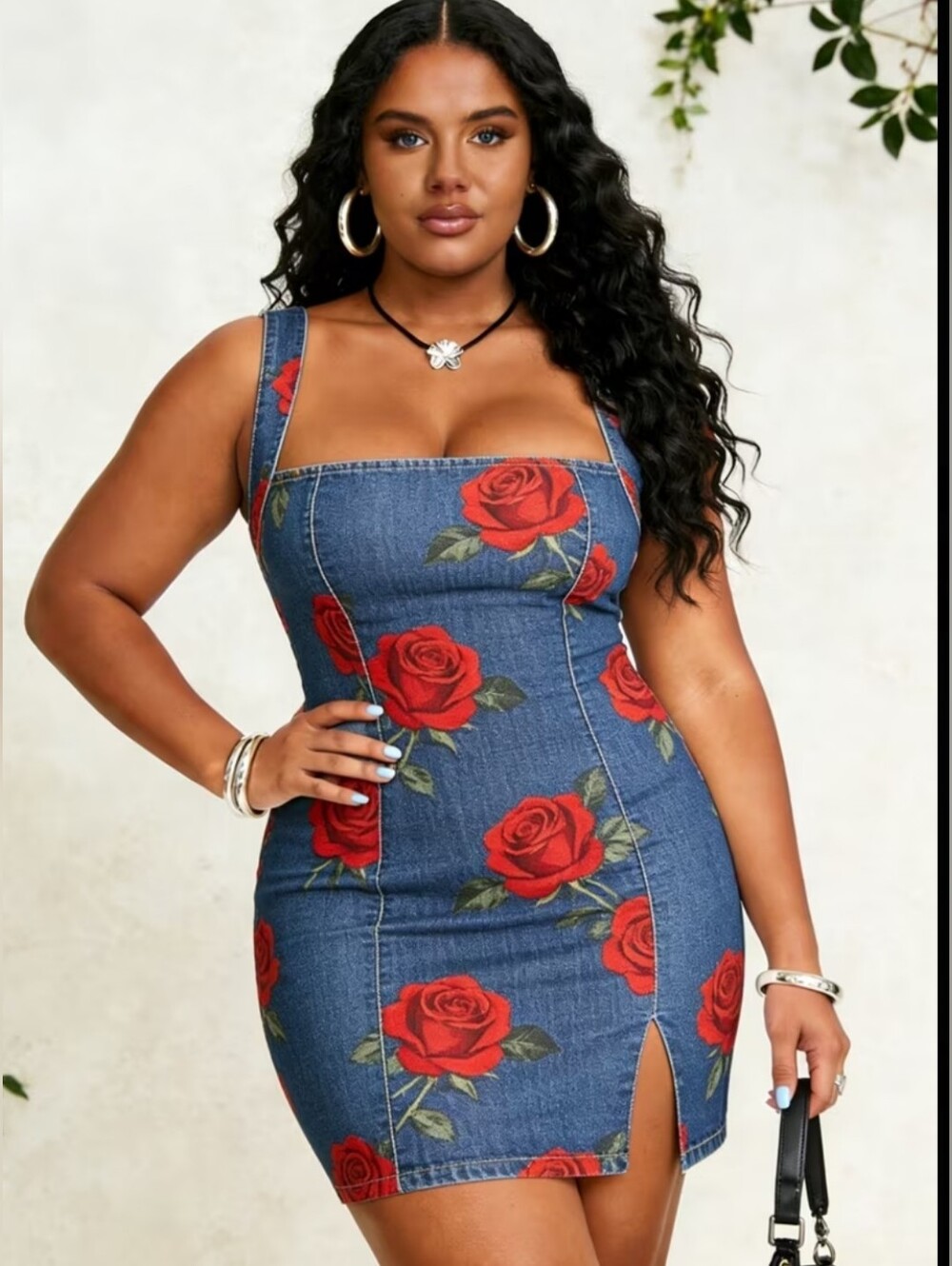 Denim Rose Print Bodycon Mini Dress